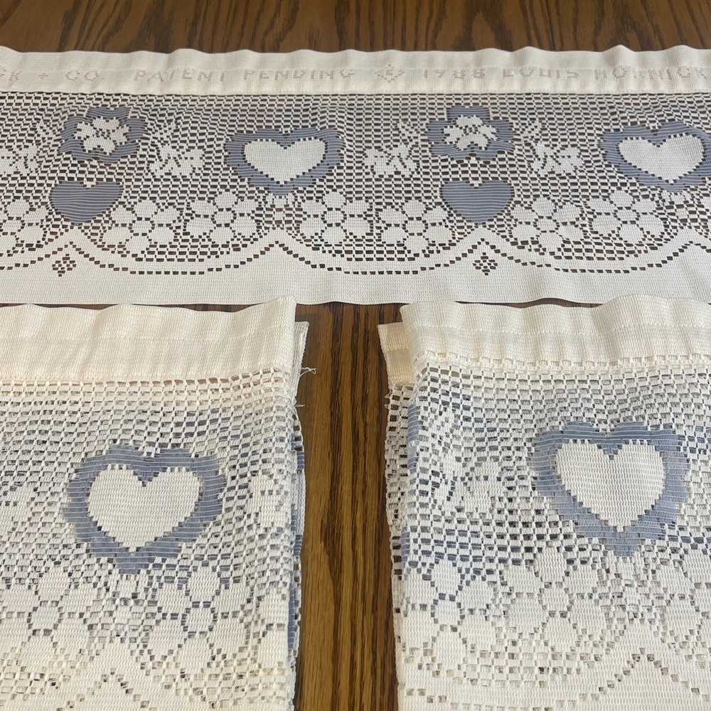 3 Vintage 1988 Louis Horn Co Curtain Valence Flowers Hearts 12" x 56" Lace Set
